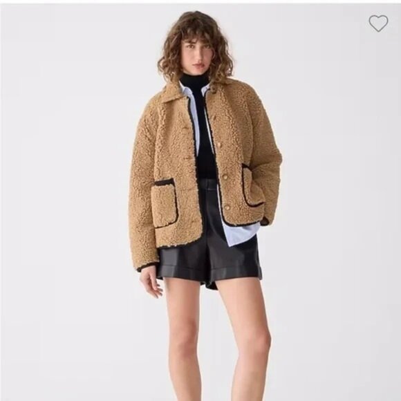 J.Crew Faux Sherpa Barn Jacket Button Up Patch Pocket Tan Black Trim Small - Picture 1 of 8